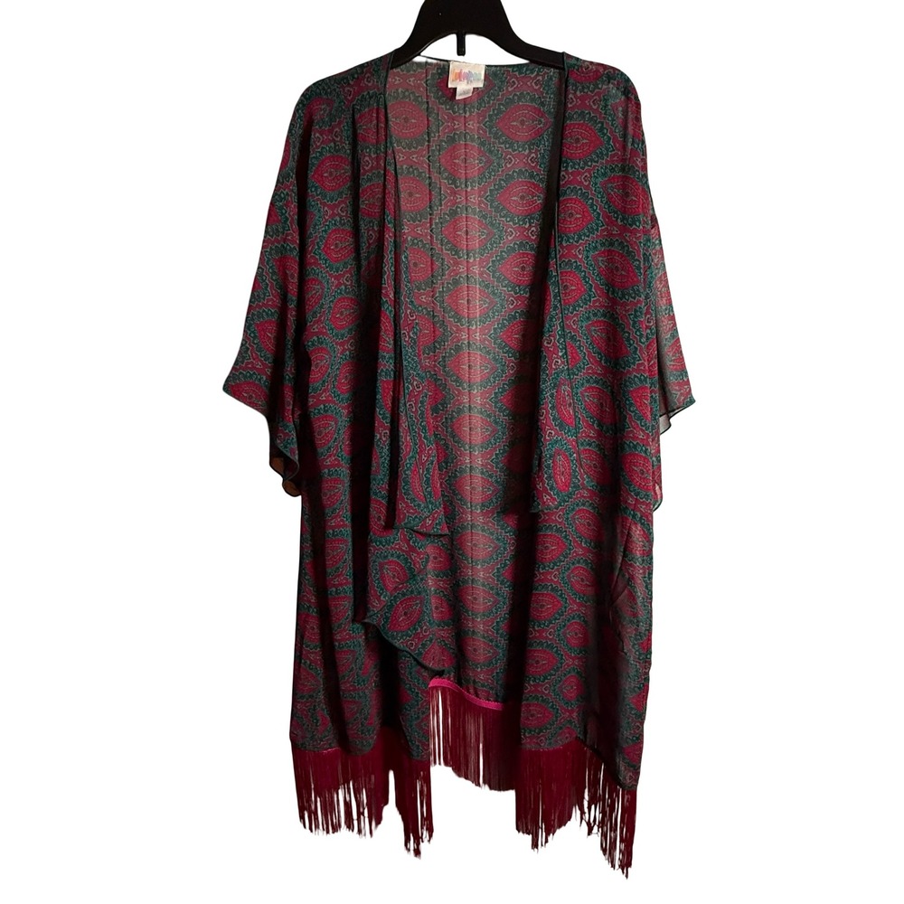LuLaRoe Monroe Paisley Print Kimono Duster Fringe Pink Gray Size L Sheer Gypsy‎